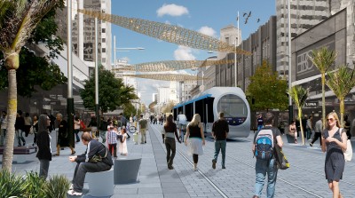 Pedestrian and light rail in Queen St as envisaged by the plan